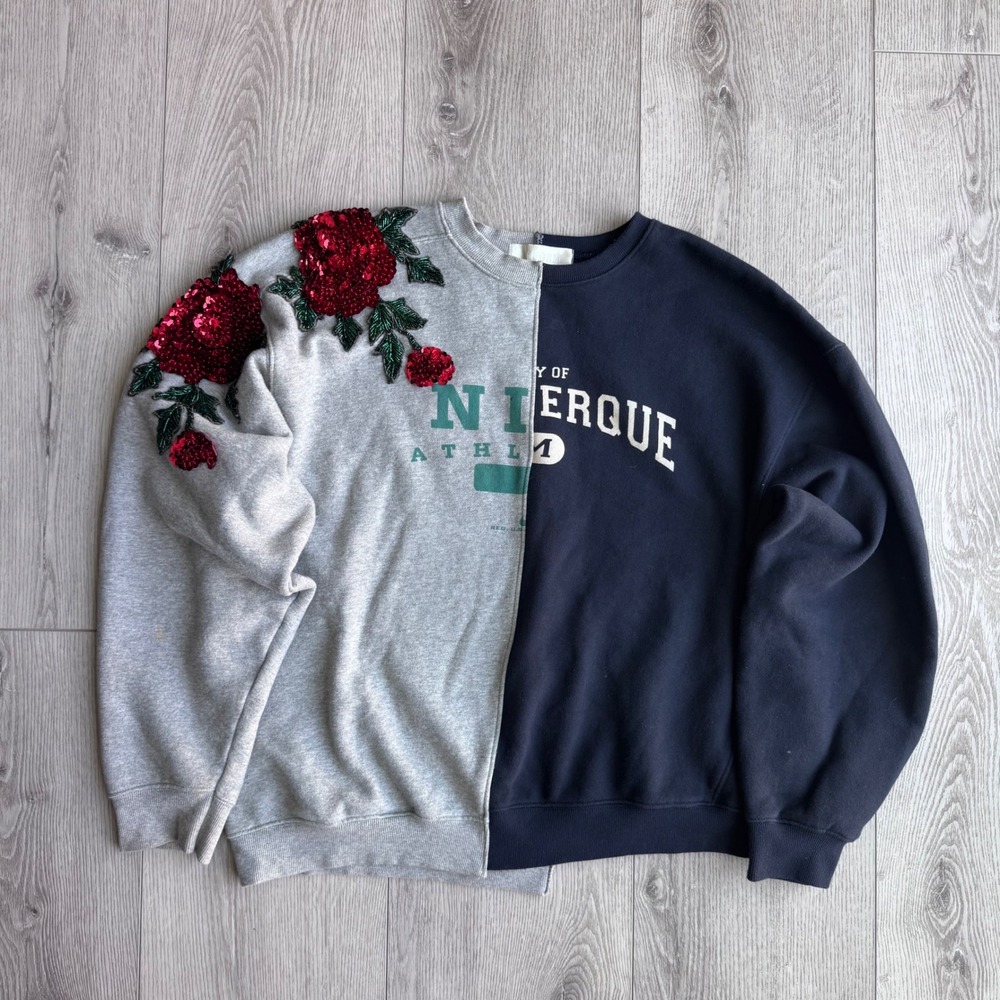 Reworked Upcycled Split Collegiate Sweatshirt Sequin Rose Applique Unisex XL